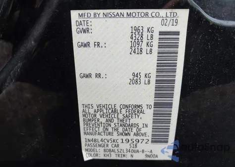 2019 Nissan Altima 2.5 Sr from USA, damaged, VIN 1N4BL4CV5KC195972
